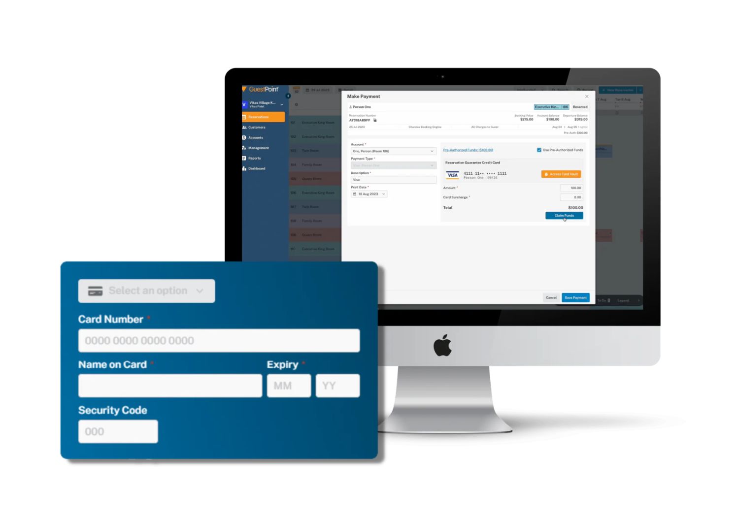 depiction of GuestPoint payment software showing the back of a credit card and desktop screen